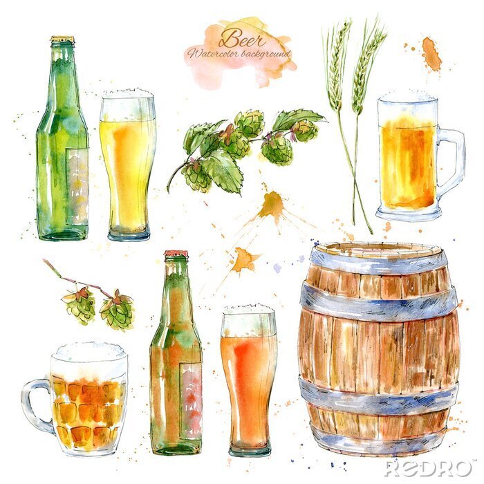 Sticker  Ensemble d'un verre de bière, bouteille, orge, malt et houblon. Image d'une boisson alcoolisée. Aquarelle illustration dessinée à la main. Fond blanc.