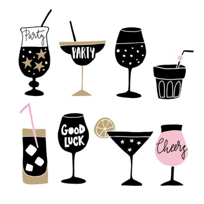 Sticker  Ensemble de boissons alcoolisées dessinés à la main, cocktails avec des citations de lettrage. Concept de célébration de bonne année. Icônes vectorielles isolés.