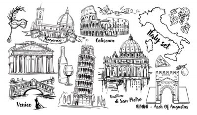 Sticker  Ensemble de croquis de Vector Landmark Vector. Colisée, ponts Venise, tour Pise, Vatican, Rimini, arche Augustus, Santa Maria del Fiore, Florence
