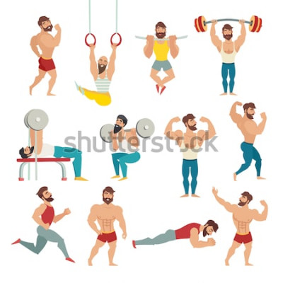 Sticker  Ensemble de musclé, barbu mans illustration vectorielle. Modèles de fitness, pose, musculation. Les sportifs dans la salle de sport. Anneaux de gymnastique, en cours d'exécution. Vecteur isolé, fo