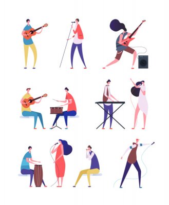 Sticker  Ensemble de musiciens. Les gens effectuant de la musique rock. Artiste avec instruments de musique et chanteurs. Personnages de dessins animés de vecteur isolés. Illustration d'un instrument de musici