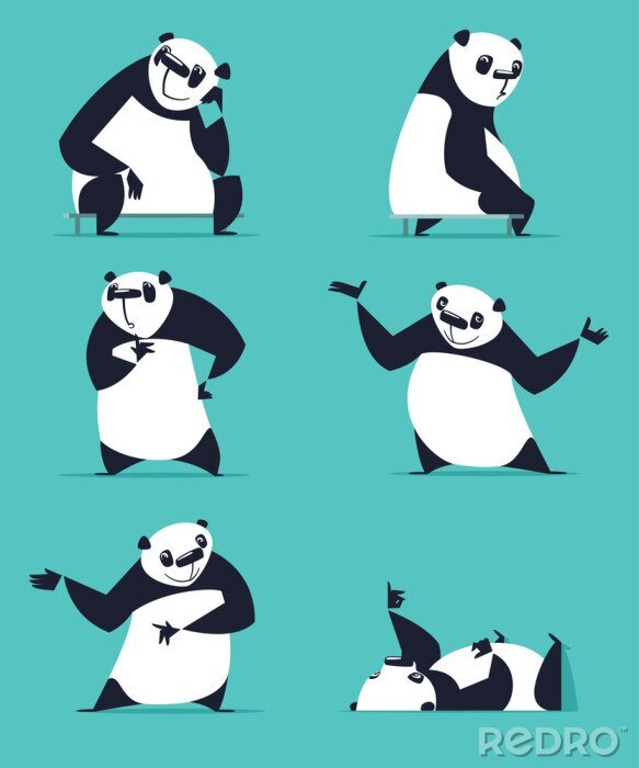 Sticker  Ensemble de panda dans diverses poses. Assis, rêver, penser, montrer, mentir, inviter, tourner. Chaque Panda est dans une couche séparée.