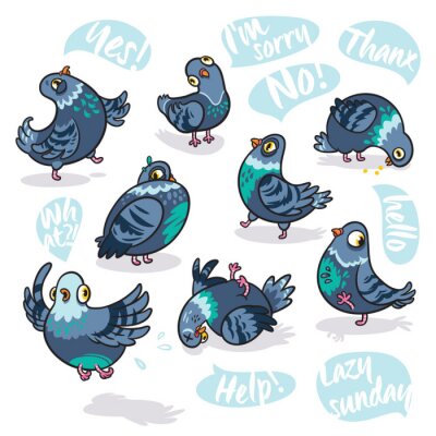 Sticker  Ensemble de pigeons de dessin animé. Concevoir des autocollants, des épingles et des patchs.