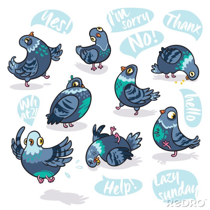 Sticker  Ensemble de pigeons de dessin animé. Concevoir des autocollants, des épingles et des patchs.