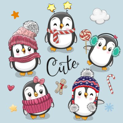 Sticker  Ensemble de pingouins de Noël de dessin animé mignon