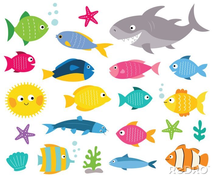 Sticker  Ensemble de poissons de dessin animé, éléments de conception isolés