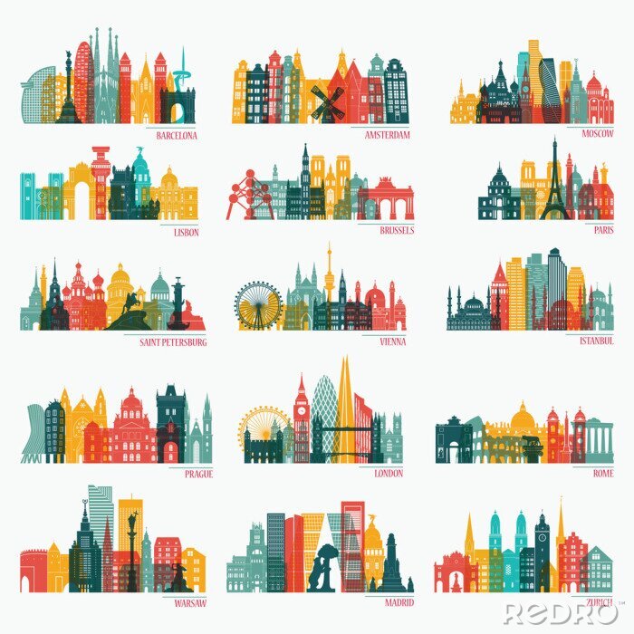 Sticker  Ensemble de silhouette détaillée Skyline (Barcelone, Madrid, Rome, Londres, Vienne, Prague, Bruxelles, Istanbul, Lisbonne, Moscou, Varsovie, Amsterdam, Zurich). Contexte de voyage et de tourisme. Illu
