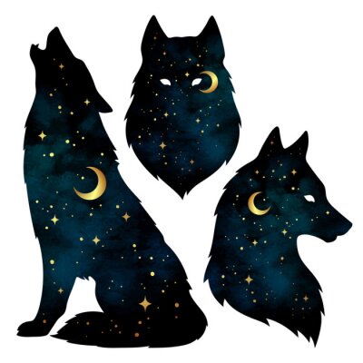 Sticker  Ensemble de silhouettes de loup avec le croissant de lune et les étoiles isolées. Autocollant, impression ou tatouage illustration vectorielle de conception. Totem païen, art de l'esprit familier wicc