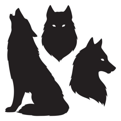 Ensemble de silhouettes de loup isolé. Autocollant, impression ou illustration vectorielle de conception de tatouage. Totem païen, art d'esprit familier wiccan