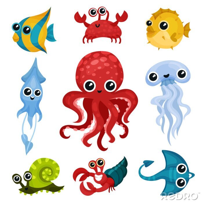 Sticker  Ensemble de vecteur plat d'animaux de l'océan différents. Créatures marines aux yeux brillants. Poisson, poulpe, escargot de mer, méduse, calmar, crabe
