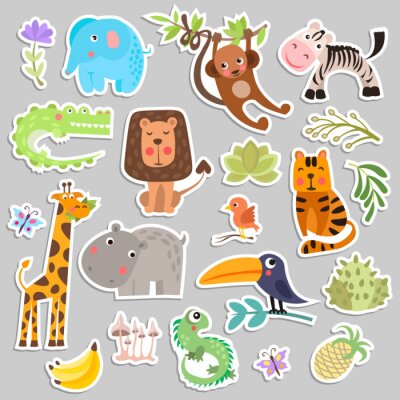 Sticker  Ensemble mignon d'autocollants d'animaux de safari et de fleurs. Animaux de vignette drôle de bande dessinée savane et safari. Animaux de la jungle vector ensemble d'éléments d'autocollant. Crocodile,