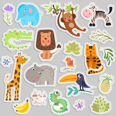 Sticker  Ensemble mignon d'autocollants d'animaux de safari et de fleurs. Animaux de vignette drôle de bande dessinée savane et safari. Animaux de la jungle vector ensemble d'éléments d'autocollant. Crocodile,