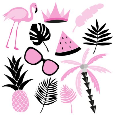 Sticker  Ensemble tropical aux couleurs roses et noirs. Flamingo, melon d'eau, palme, feuilles. Collection de vecteur.