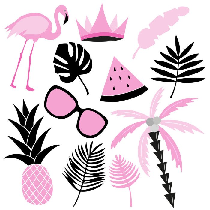 Sticker  Ensemble tropical aux couleurs roses et noirs. Flamingo, melon d'eau, palme, feuilles. Collection de vecteur.