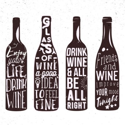 Sticker  Ensemble typographique de la silhouette de la bouteille de vin avec le lettrage. Illustration d'écriture manuscrite vectorielle conçue pour créer des créations publicitaires de bar ou de pub, des tira