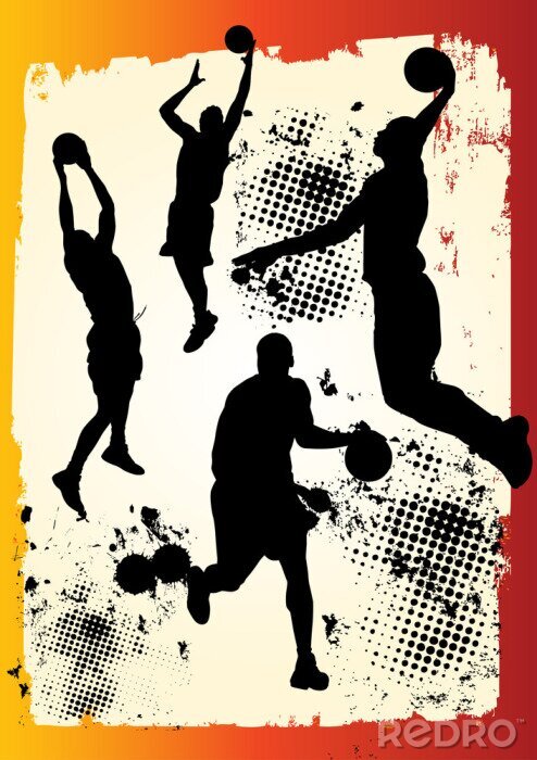 Sticker  équipe de joueur de basket dans de nombreuses postures sur graphique grunge