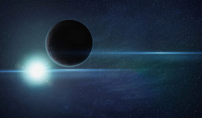 Sticker  Espace extra-atmosphérique avec planète sombre et fusée éclairante