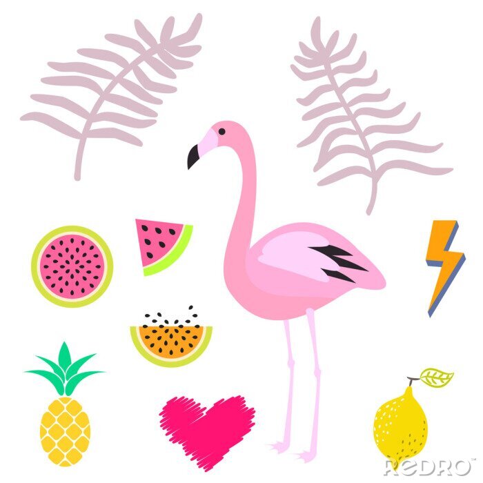 Sticker  Été rose flamant clipart icône ensemble. Leaevs Palm, melon d'eau, fruits d'ananas. Vector illustration pour les autocollants et les cartes.