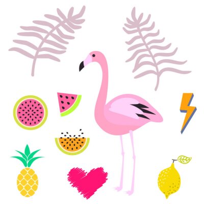 Sticker  Été rose flamant clipart icône ensemble. Leaevs Palm, melon d'eau, fruits d'ananas. Vector illustration pour les autocollants et les cartes.