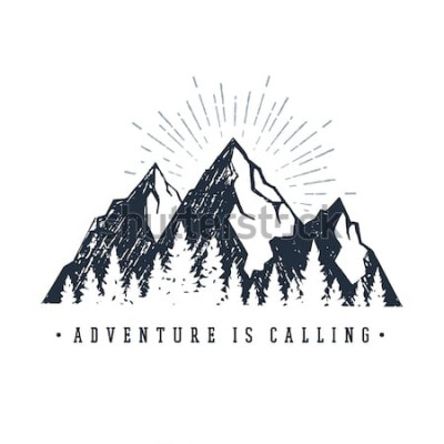 Sticker  Étiquette inspirante dessinée à la main avec des illustrations vectorielles texturées de montagnes et de pins et le lettrage &quot;Adventure is call&quot;.