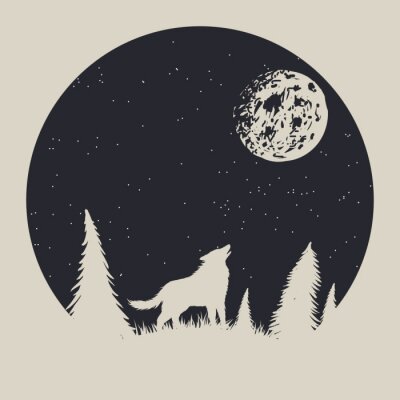 Sticker  Étiquette vintage avec le loup qui hurlant à la lune