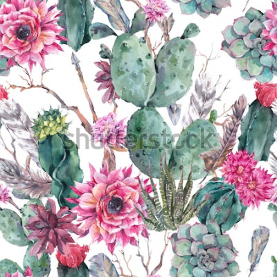Sticker  Exotic natural vintage watercolor seamless pattern in boho style. Cactus, succulent, flowers, twigs, feathers and  arrows. Botanical isolated nature cactus Illustration on white 