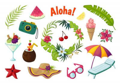 Sticker  Exotic stickers. Summer party tropical collection of doodle fruits leaves cocktail flamingo, jungle vacation abstract vector elements