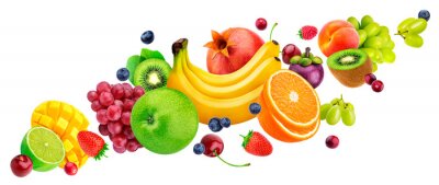 Sticker  Falling fruit salad isolated on white background with clipping path, flying fruits and berries collection