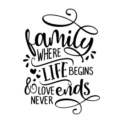Sticker  Family where life begins and love never ends -  Funny hand drawn calligraphy text. Good for fashion shirts, poster, gift, or other printing press. Motivation quote.