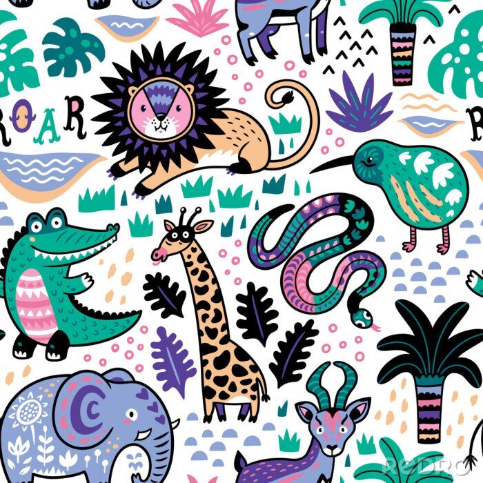 Sticker  Fashion safari seamless pattern avec jungle animaux dans vecteur