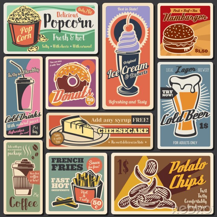 Sticker  Fast food burgers, hot dogs, desserts retro menu