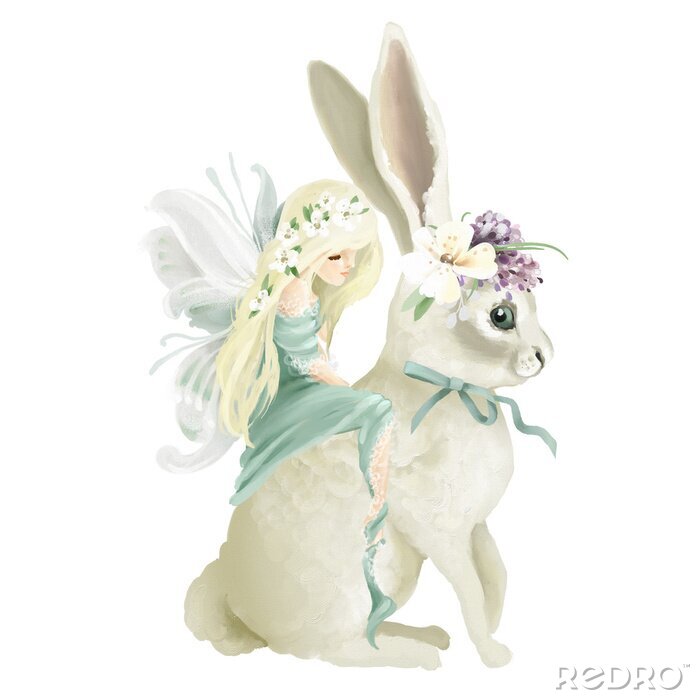 Sticker  Fée aux cheveux blonds assise sur un lièvre