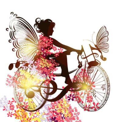 Fée avec un vélo au milieu des papillons