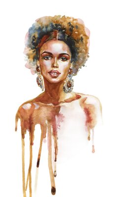 Sticker  Femme africaine aquarelle beauté. Illustration de mode de peinture. Portrait dessiné de main de jolie fille sur fond blanc