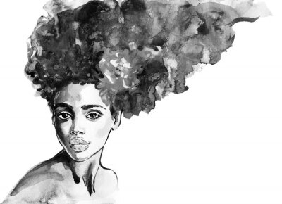 Femme africaine aquarelle beauté. Illustration de mode de peinture. Portrait dessiné de main de jolie fille sur fond blanc