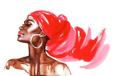 Sticker  Femme africaine aquarelle beauté. Illustration de mode de peinture. Portrait dessiné de main de jolie fille sur fond blanc