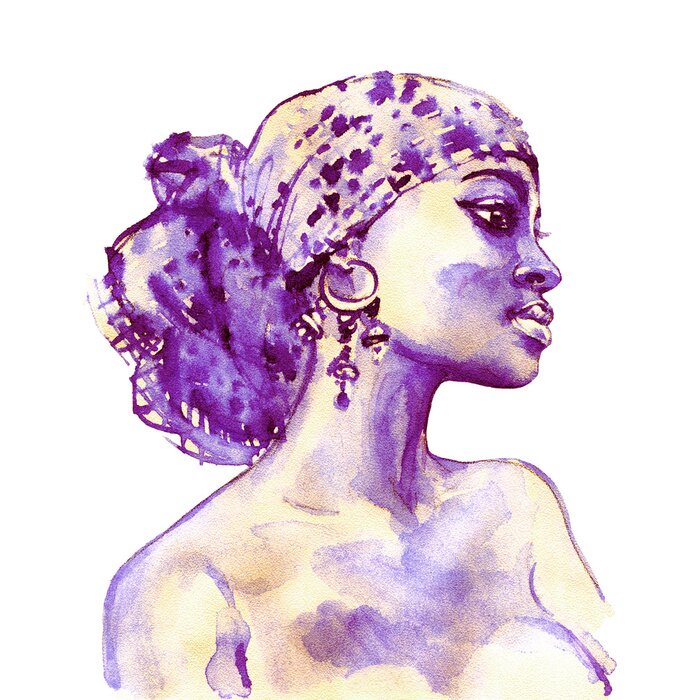 Sticker  Femme africaine aquarelle beauté. Illustration de mode de peinture. Portrait dessiné de main de jolie fille sur fond blanc