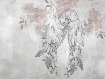 Femme ange artistique avec des fleurs à l’aquarelle et un fond texturé