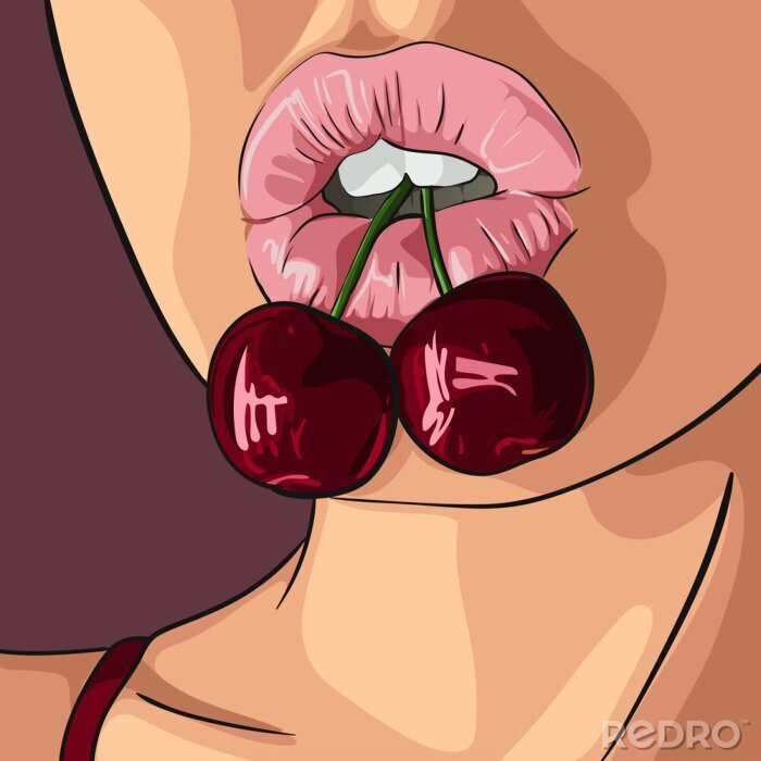 Sticker  Femme aux belles lèvres mordant la cerise. Illustration vectorielle