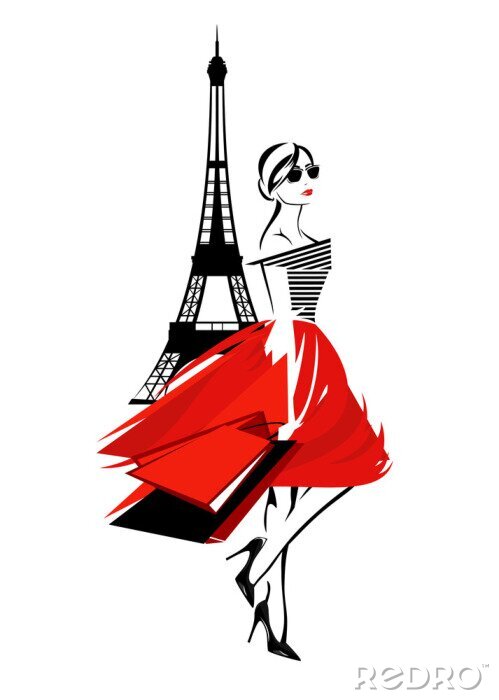 Sticker  femme belle mode à Paris - fashionista française avec des sacs et design vectoriel tour eiffel