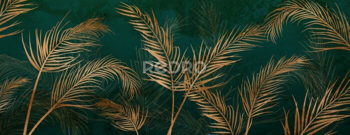 Sticker  Feuilles de palmier dorées sur fond vert foncé