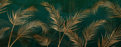 Papier peint  Feuilles de palmier dorées sur fond vert foncé