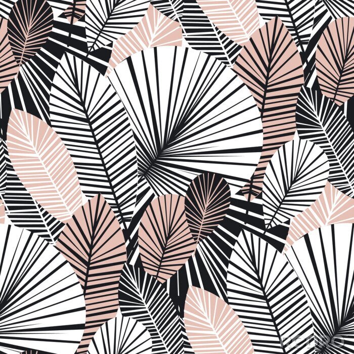 Sticker  Feuilles exotiques graphiques blanches et roses