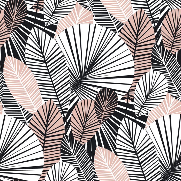 Sticker  Feuilles exotiques graphiques blanches et roses