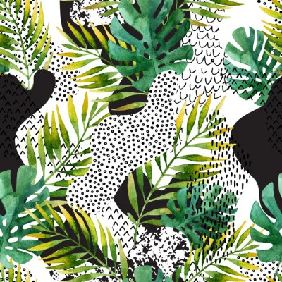 Papier peint à motif  Feuilles sur des taches abstraites