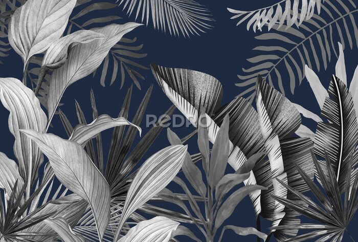 Sticker  Feuilles tropicales sur fond bleu marine et style grunge.