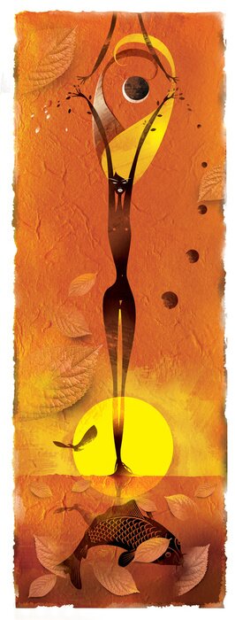 Sticker  fille avec des feuilles debout dans l'étang au soleil