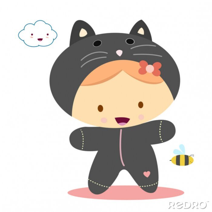 Sticker  Fille riante habillée en chaton noir