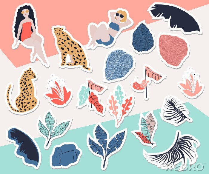 Sticker  Filles tropicales avec collection d'autocollants Cheetah. Paradis estival dans les jungles tropicales avec un animal sauvage, une belle fille et des fleurs fantastiques.