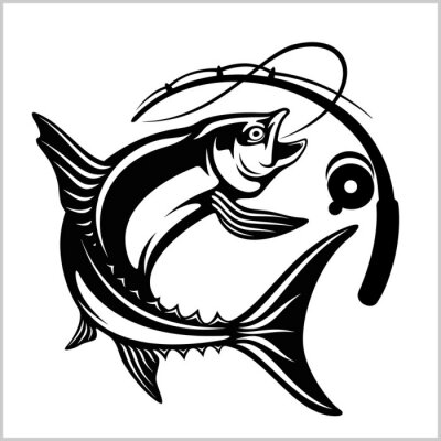 Sticker  Fish with fishing rod in monochrome style. Logo for fishing, championship and sport club